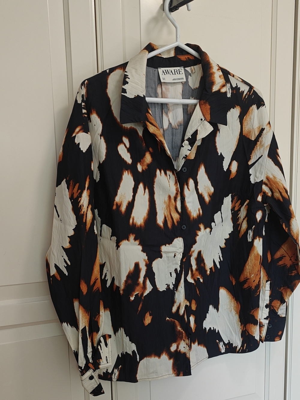 AWARE by VERO MODA Black, White & Brown Abstract Print Womens Blouse